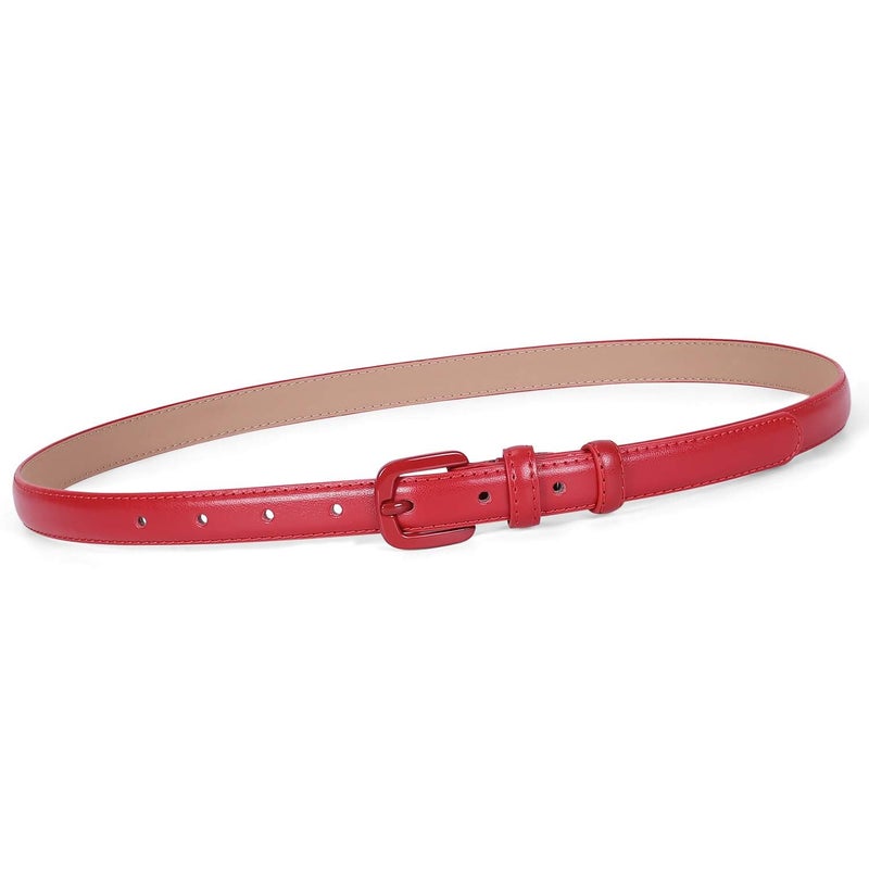 WHIPPY Women Skinny Leather Belt Thin Waist Jeans Belt for Pants in Pin Buckle Belt, Red, Pants Size 24-29 inches - Image 1
